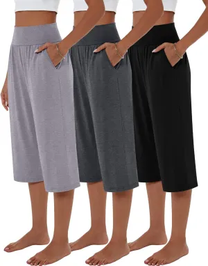 Neer 3 Pack Women Capri Pants, Cotton Wide Leg High Waist Crop Lounge Sweatpants Summer Yoga Casual Workout Pants with Pocket