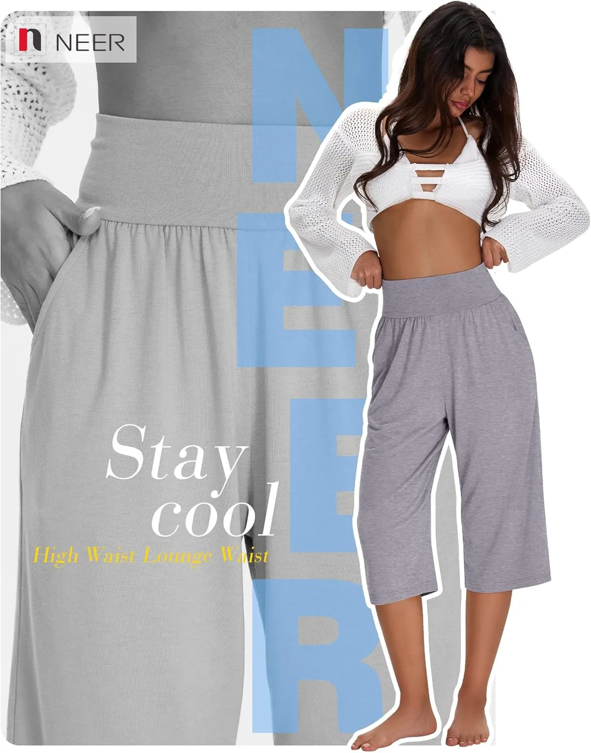 Neer 3 Pack Women Capri Pants, Cotton Wide Leg High Waist Crop Lounge Sweatpants Summer Yoga Casual Workout Pants with Pocket