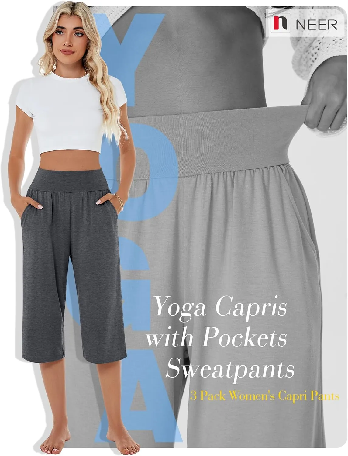 Neer 3 Pack Women Capri Pants, Cotton Wide Leg High Waist Crop Lounge Sweatpants Summer Yoga Casual Workout Pants with Pocket
