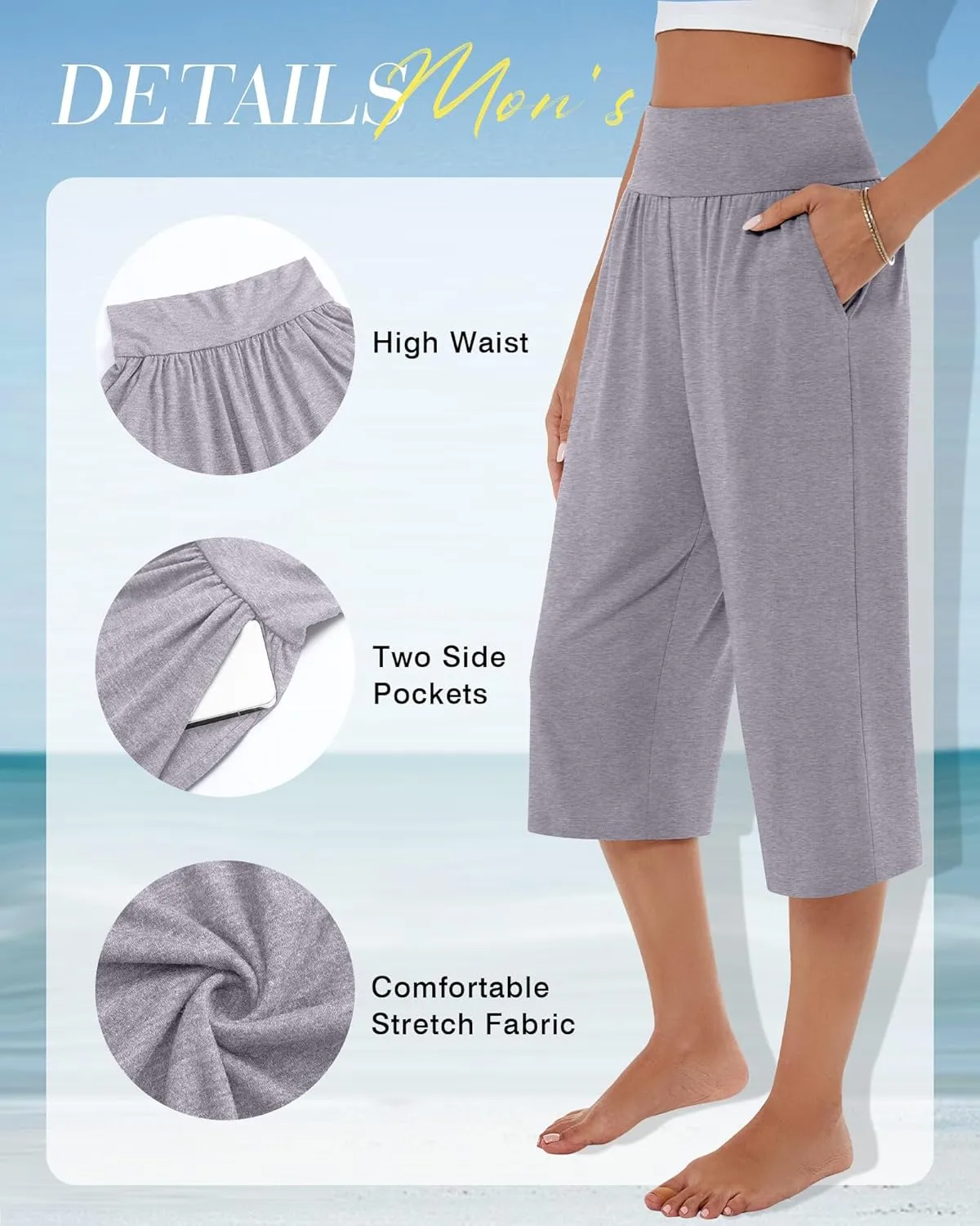 Neer 3 Pack Women Capri Pants, Cotton Wide Leg High Waist Crop Lounge Sweatpants Summer Yoga Casual Workout Pants with Pocket