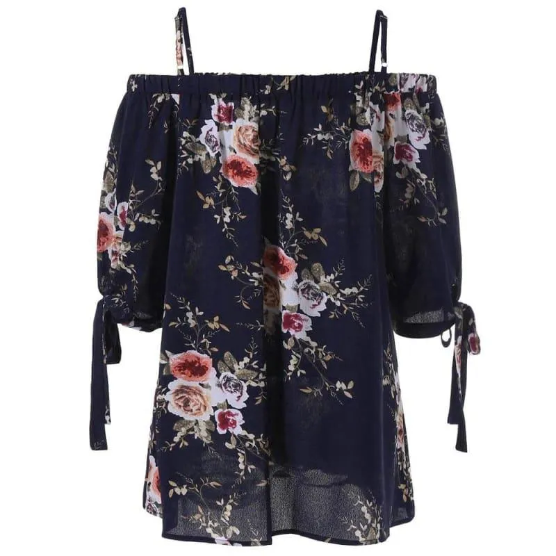 Off The Shoulder Floral Print Chiffon Casual Cold Shoulder Blouse