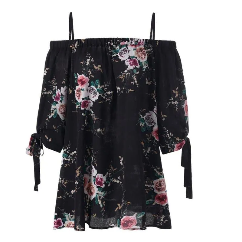 Off The Shoulder Floral Print Chiffon Casual Cold Shoulder Blouse