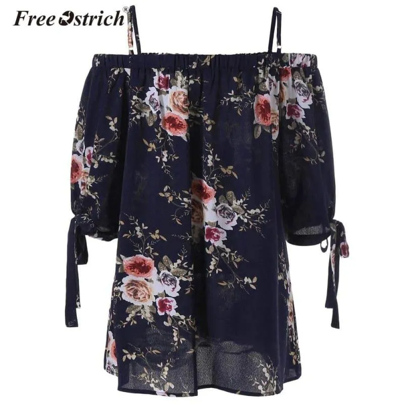 Off The Shoulder Floral Print Chiffon Casual Cold Shoulder Blouse