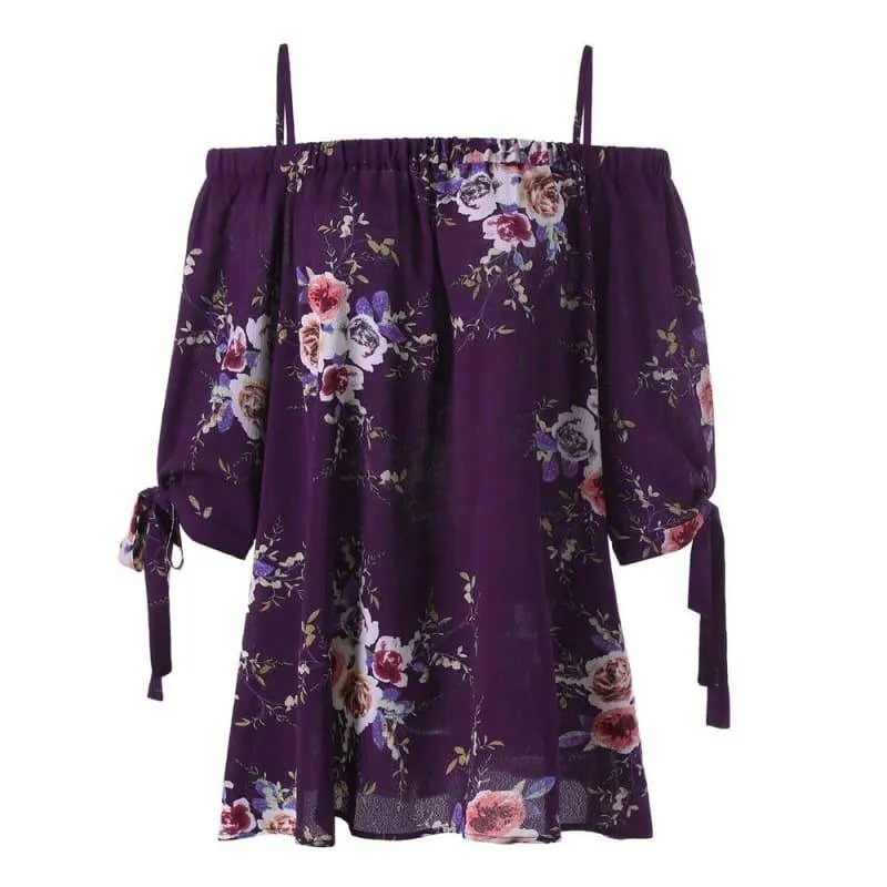 Off The Shoulder Floral Print Chiffon Casual Cold Shoulder Blouse
