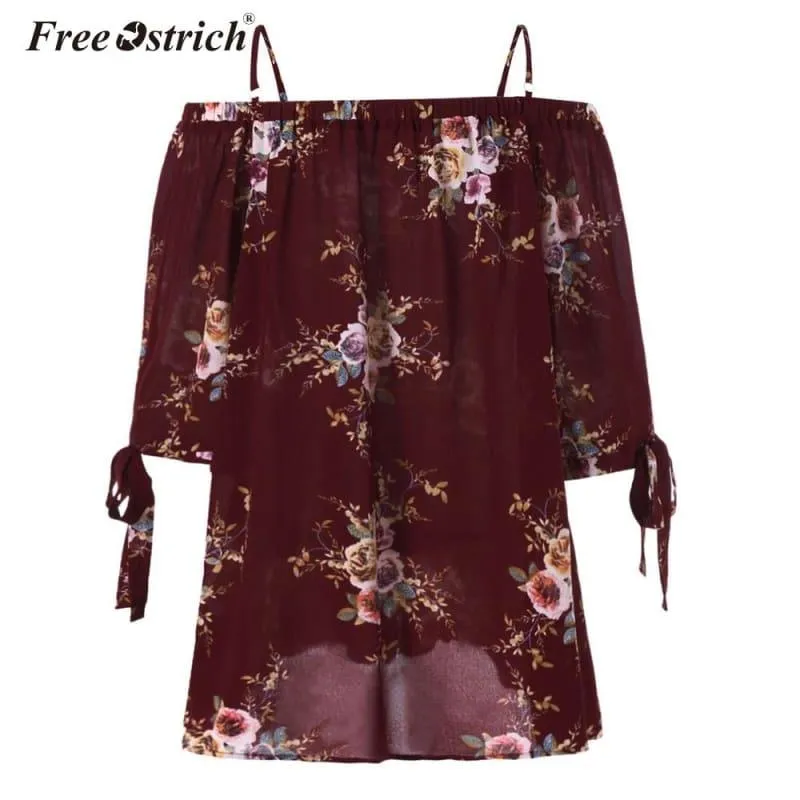 Off The Shoulder Floral Print Chiffon Casual Cold Shoulder Blouse