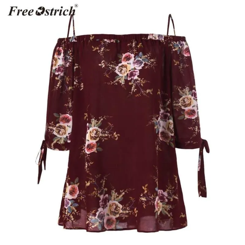 Off The Shoulder Floral Print Chiffon Casual Cold Shoulder Blouse