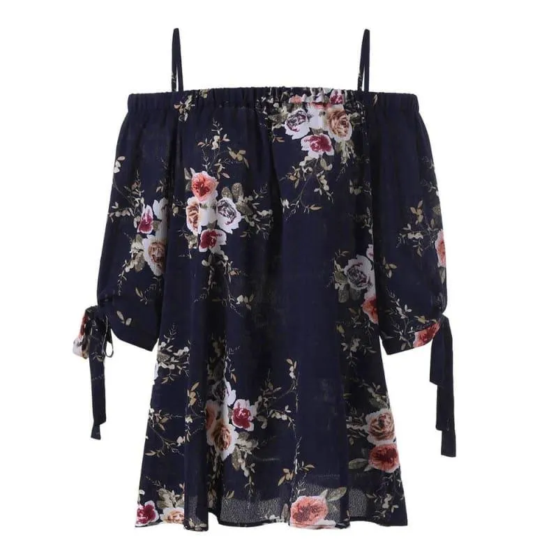 Off The Shoulder Floral Print Chiffon Casual Cold Shoulder Blouse