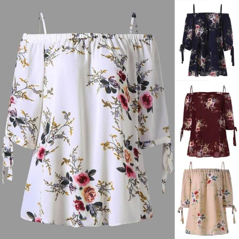 Off The Shoulder Floral Print Chiffon Casual Cold Shoulder Blouse