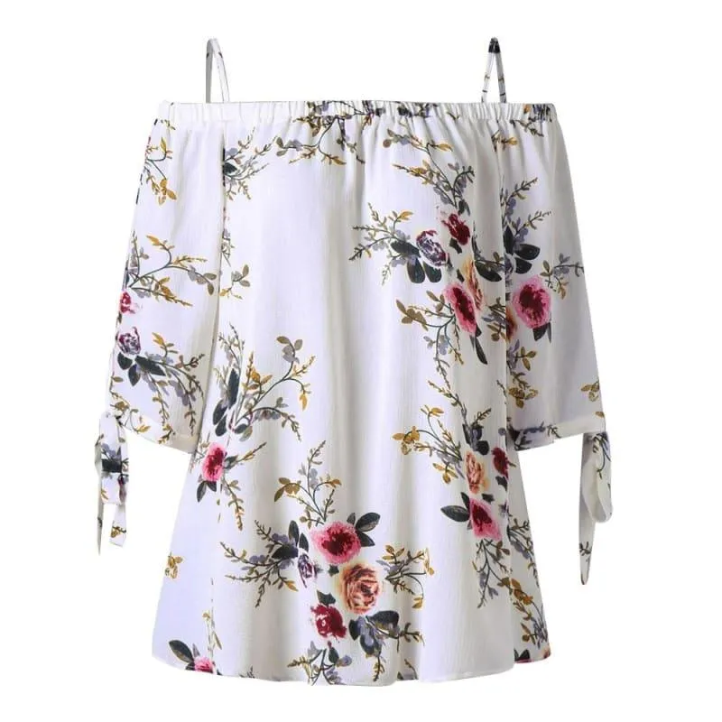 Off The Shoulder Floral Print Chiffon Casual Cold Shoulder Blouse