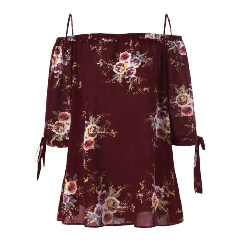 Off The Shoulder Floral Print Chiffon Casual Cold Shoulder Blouse