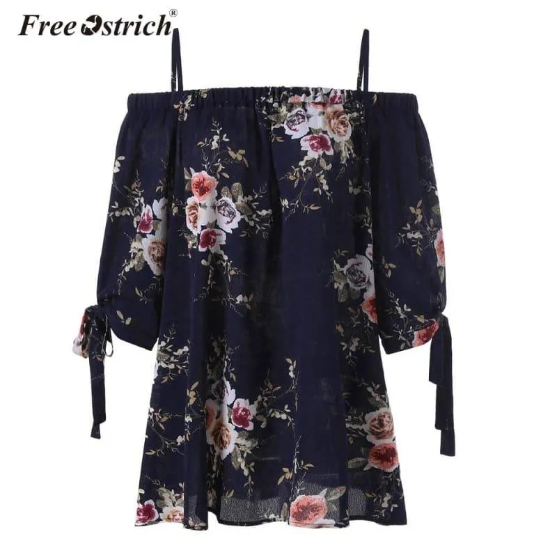 Off The Shoulder Floral Print Chiffon Casual Cold Shoulder Blouse
