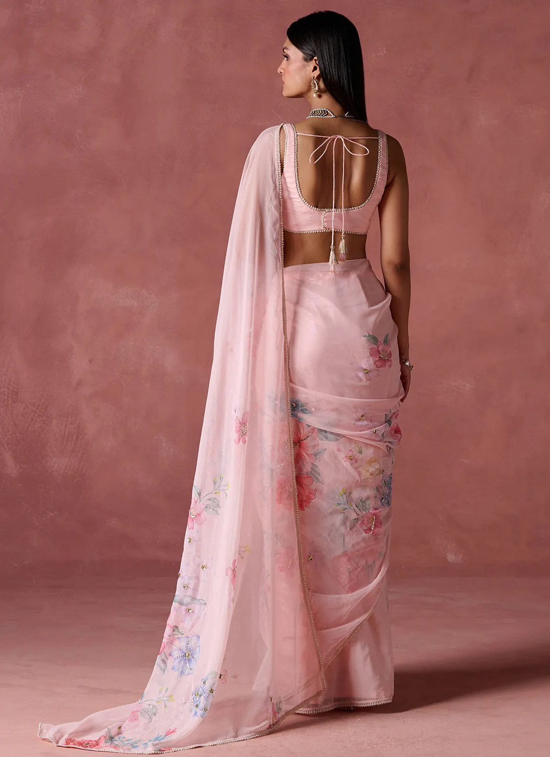 Peach Floral Printed Chiffon Saree