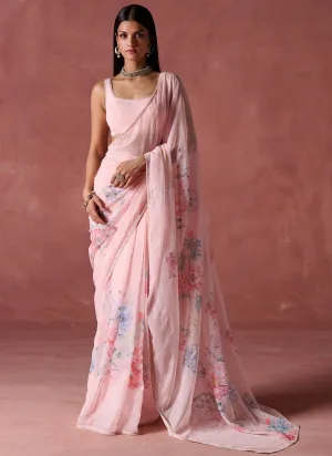 Peach Floral Printed Chiffon Saree