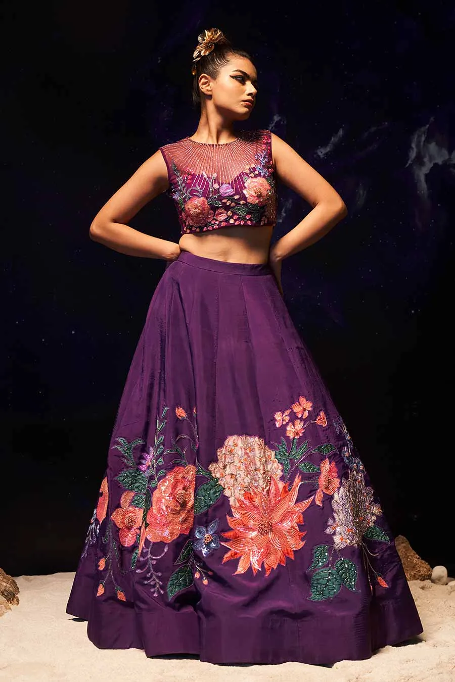 Purple Havey Hand-Embroidered Lehenga Set