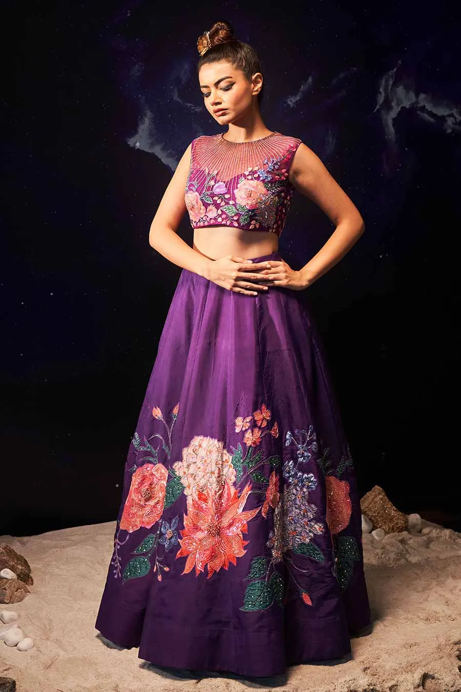 Purple Havey Hand-Embroidered Lehenga Set