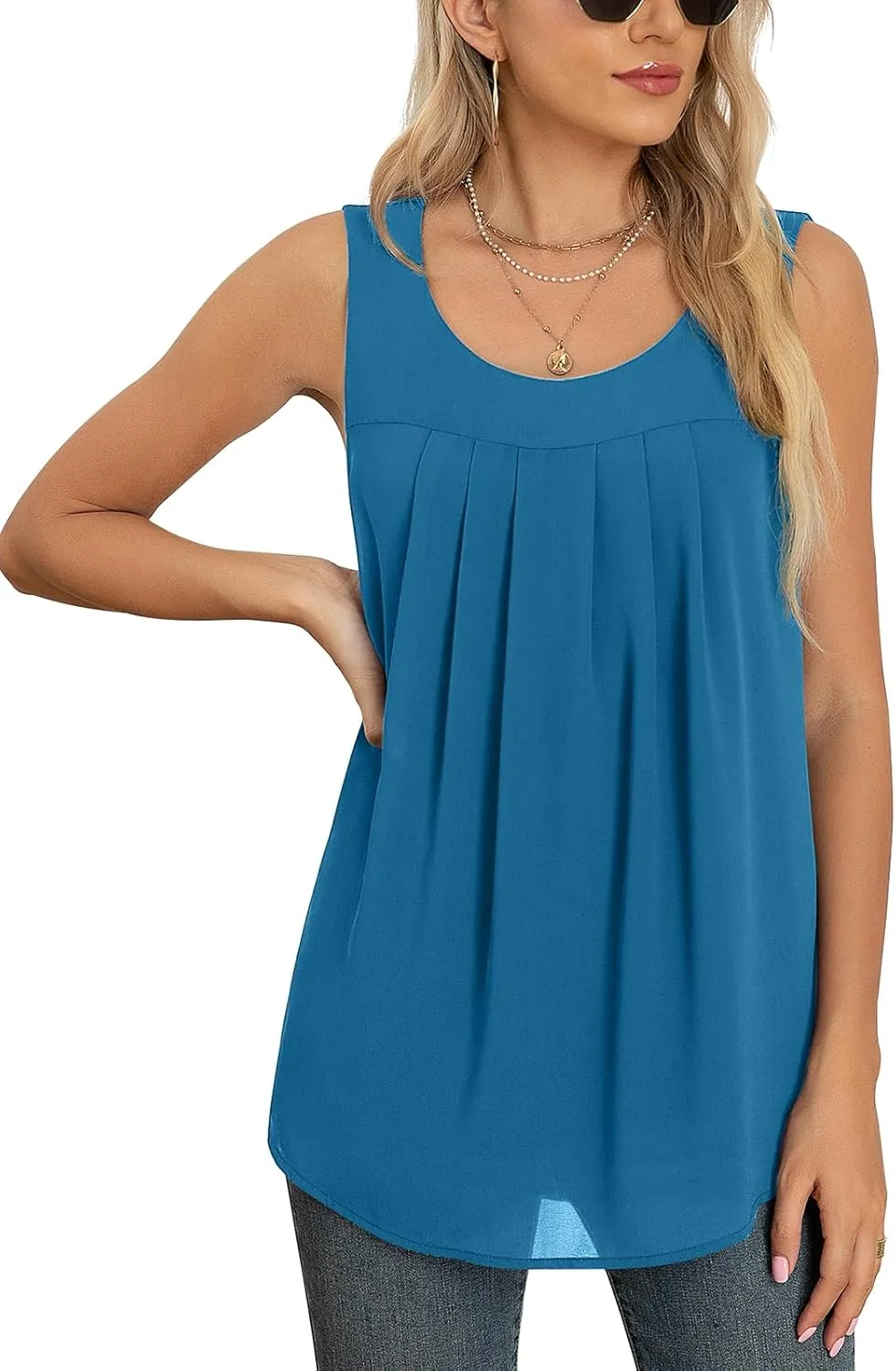 QUEZHU Women's Summer Blouses and Tops 2025 Double Layers Chiffon Blouses Tank Loose Fit Round Neck Sleeveless Tunic