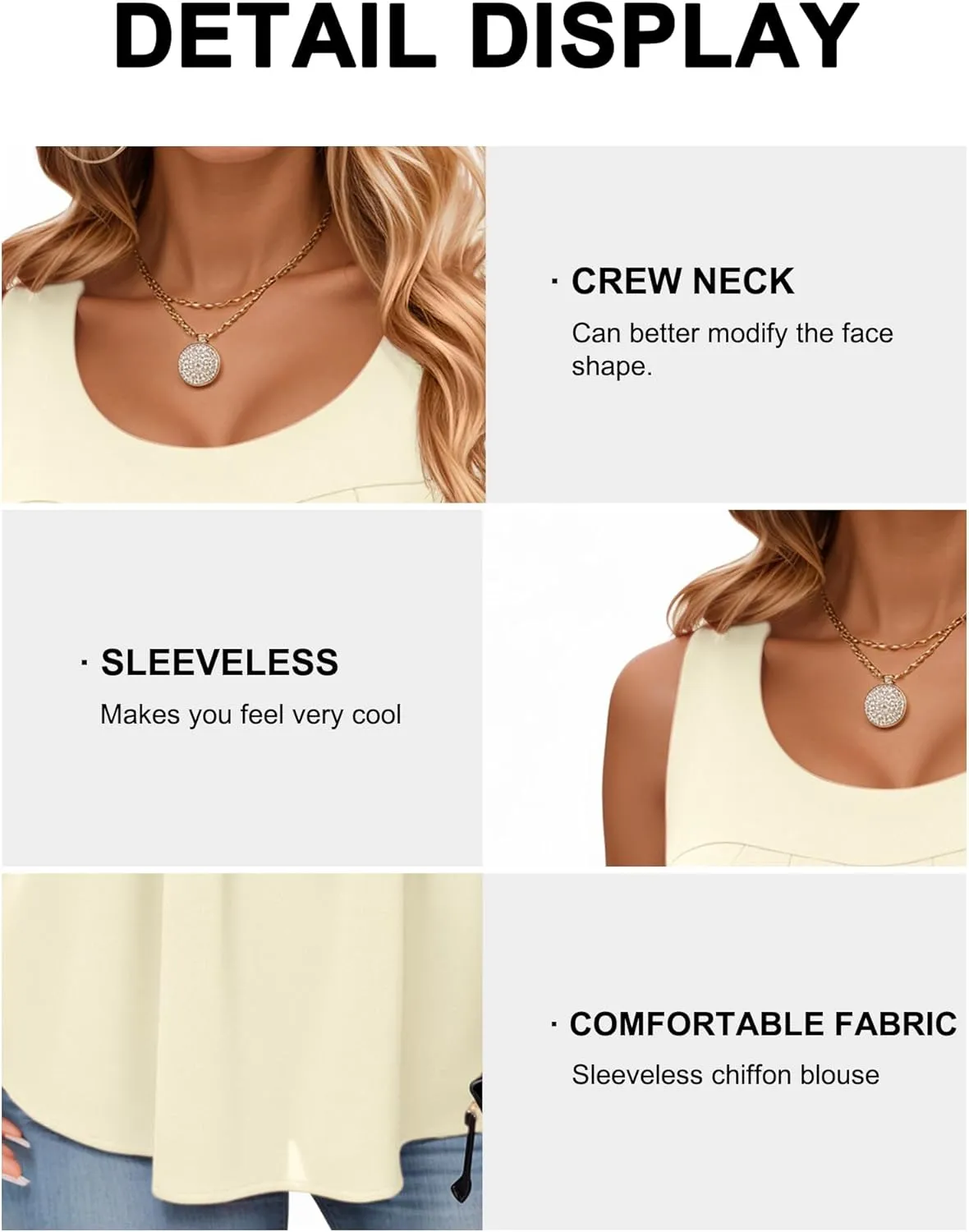 QUEZHU Women's Summer Blouses and Tops 2025 Double Layers Chiffon Blouses Tank Loose Fit Round Neck Sleeveless Tunic