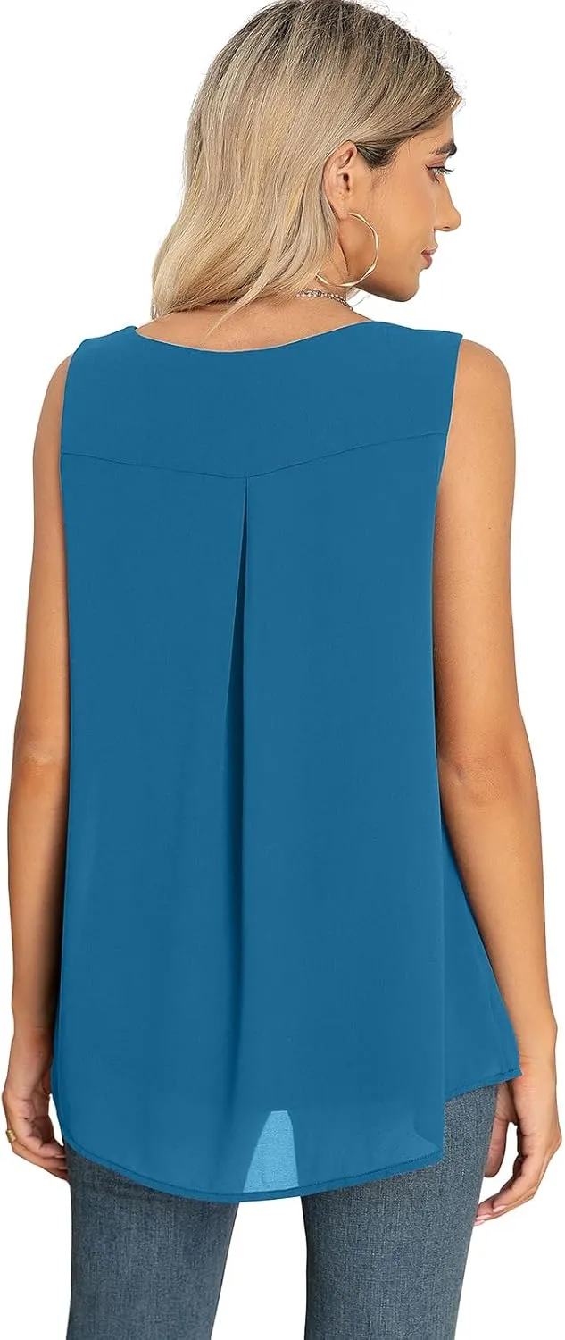 QUEZHU Women's Summer Blouses and Tops 2025 Double Layers Chiffon Blouses Tank Loose Fit Round Neck Sleeveless Tunic