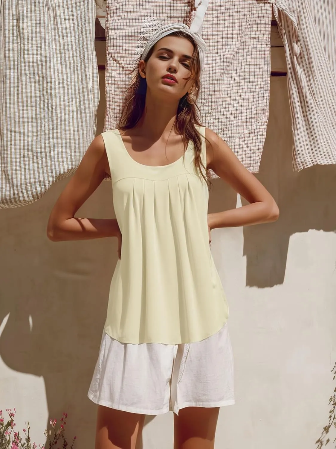 QUEZHU Women's Summer Blouses and Tops 2025 Double Layers Chiffon Blouses Tank Loose Fit Round Neck Sleeveless Tunic