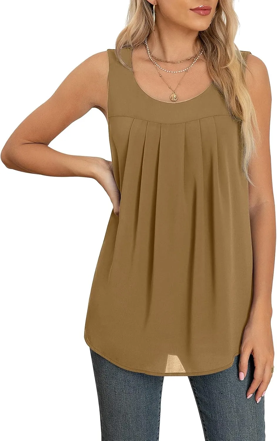 QUEZHU Women's Summer Blouses and Tops 2025 Double Layers Chiffon Blouses Tank Loose Fit Round Neck Sleeveless Tunic