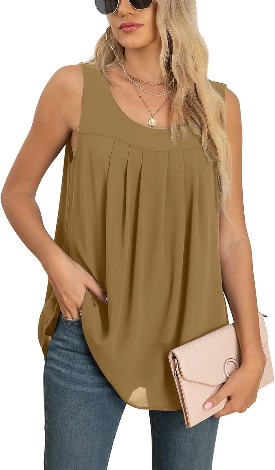 QUEZHU Women's Summer Blouses and Tops 2025 Double Layers Chiffon Blouses Tank Loose Fit Round Neck Sleeveless Tunic