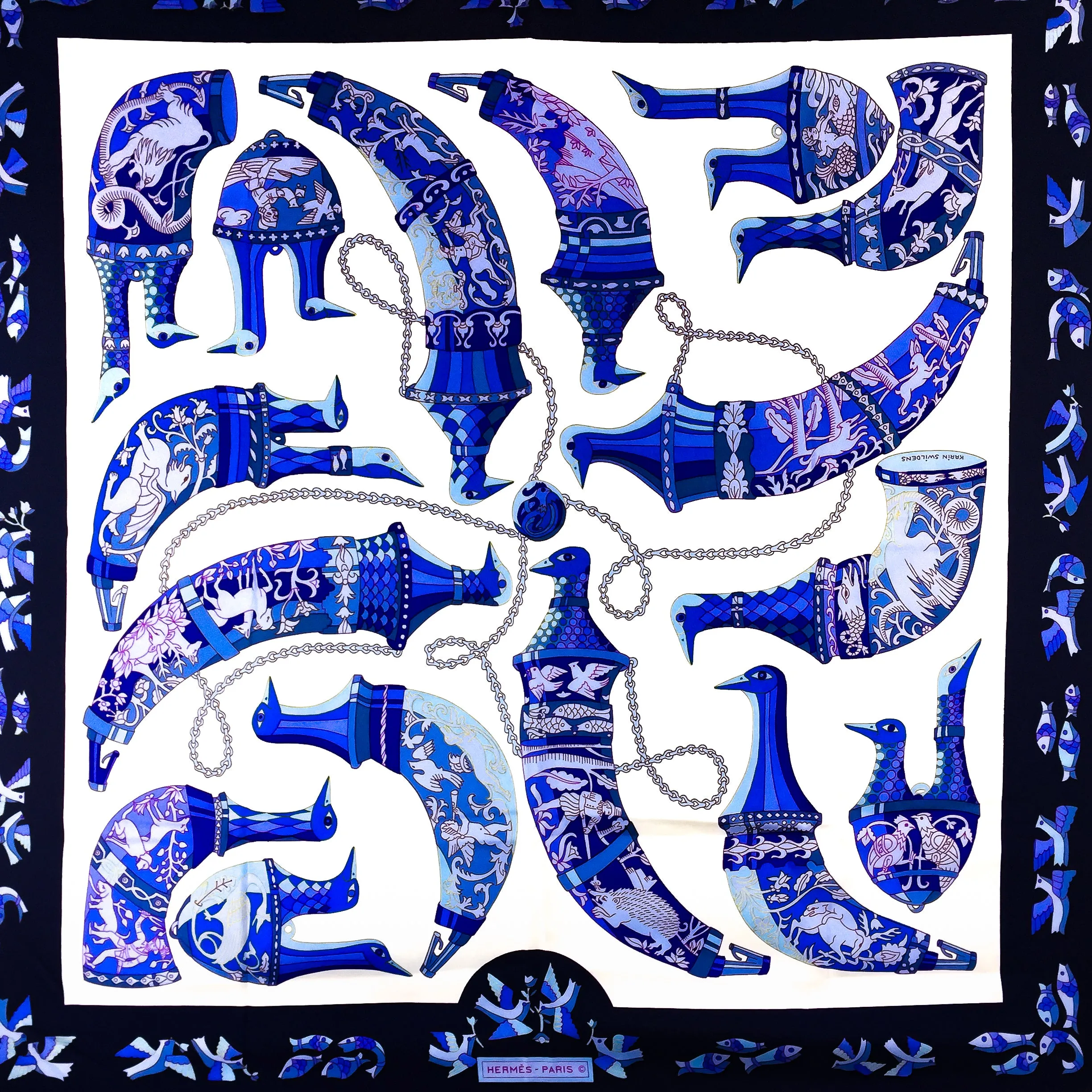 Rhytons Hermes Silk Scarf Blue and White w/Box