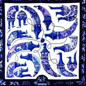 Rhytons Hermes Silk Scarf Blue and White w/Box