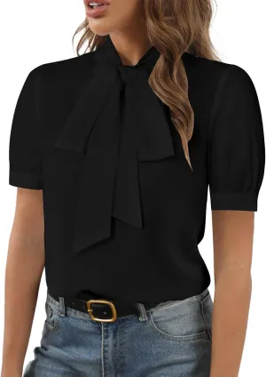 Rooscier Women's Bow Tie Neck Short Sleeve Elegant Office Workwear Blouse Shirt Tops