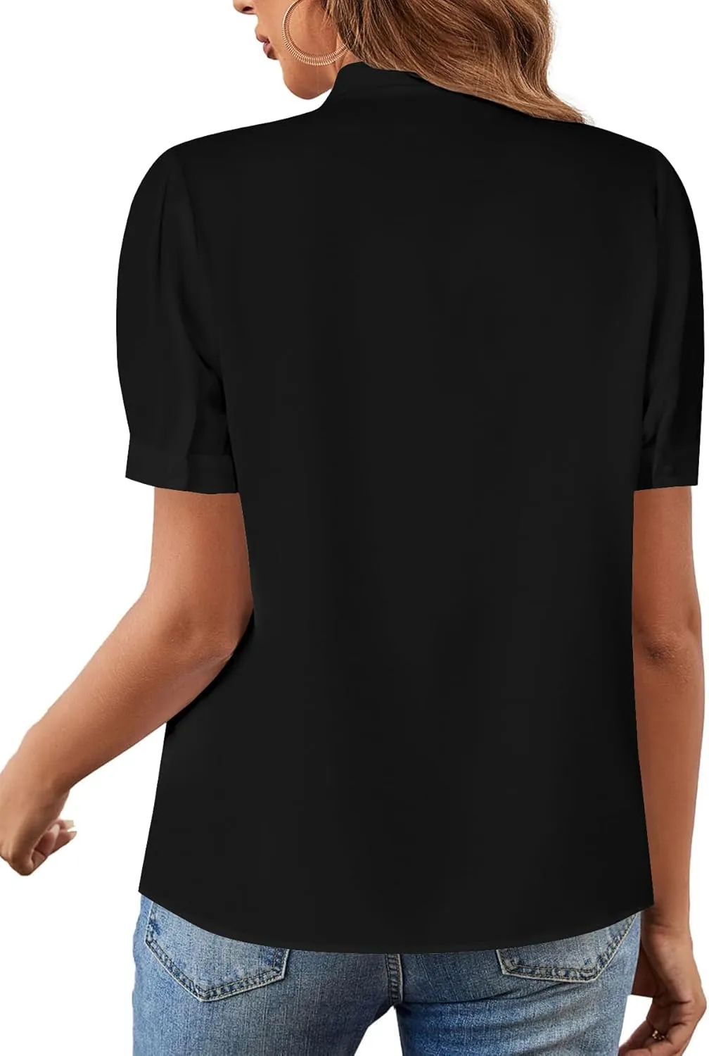 Rooscier Women's Bow Tie Neck Short Sleeve Elegant Office Workwear Blouse Shirt Tops