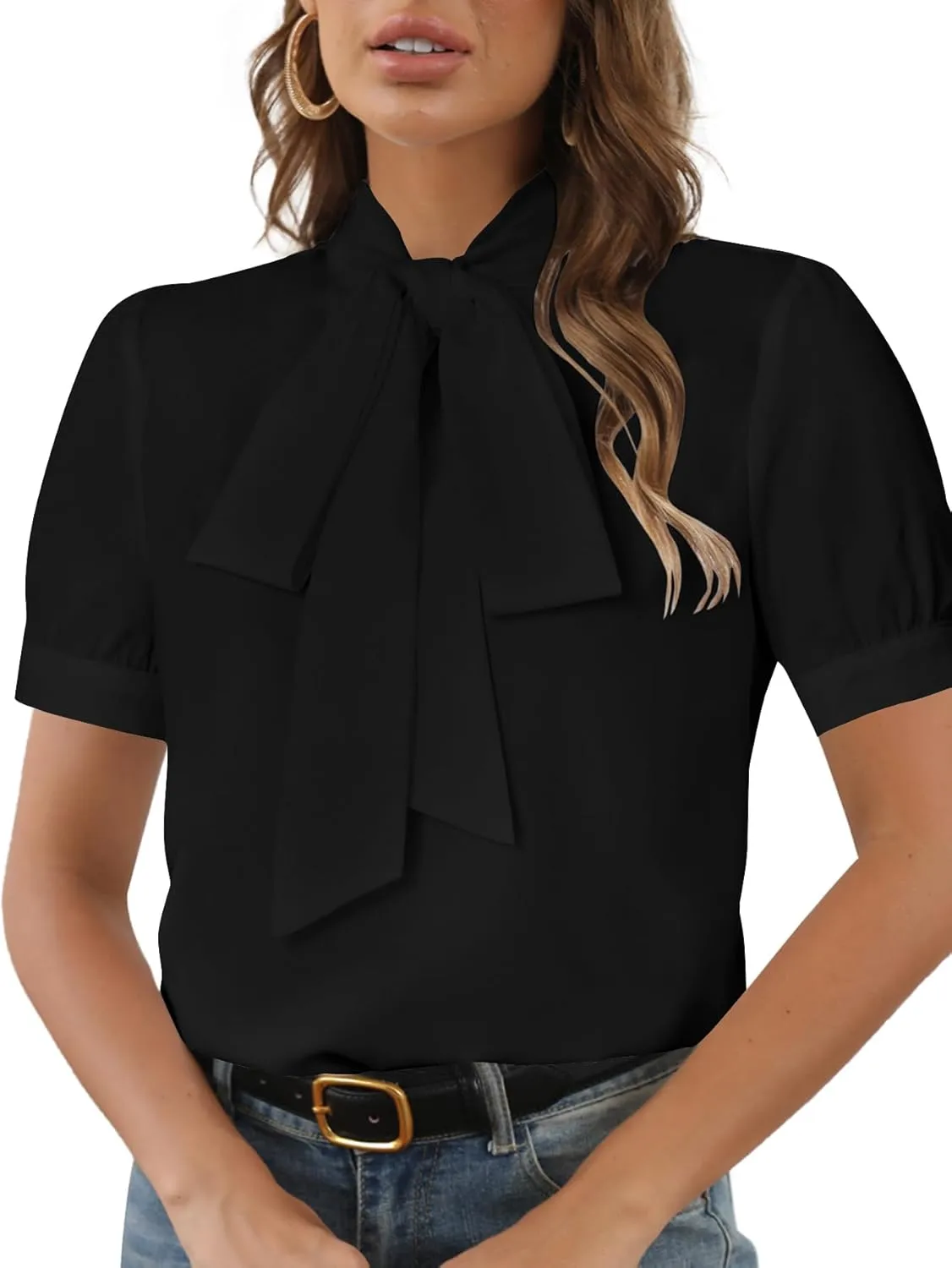 Rooscier Women's Bow Tie Neck Short Sleeve Elegant Office Workwear Blouse Shirt Tops
