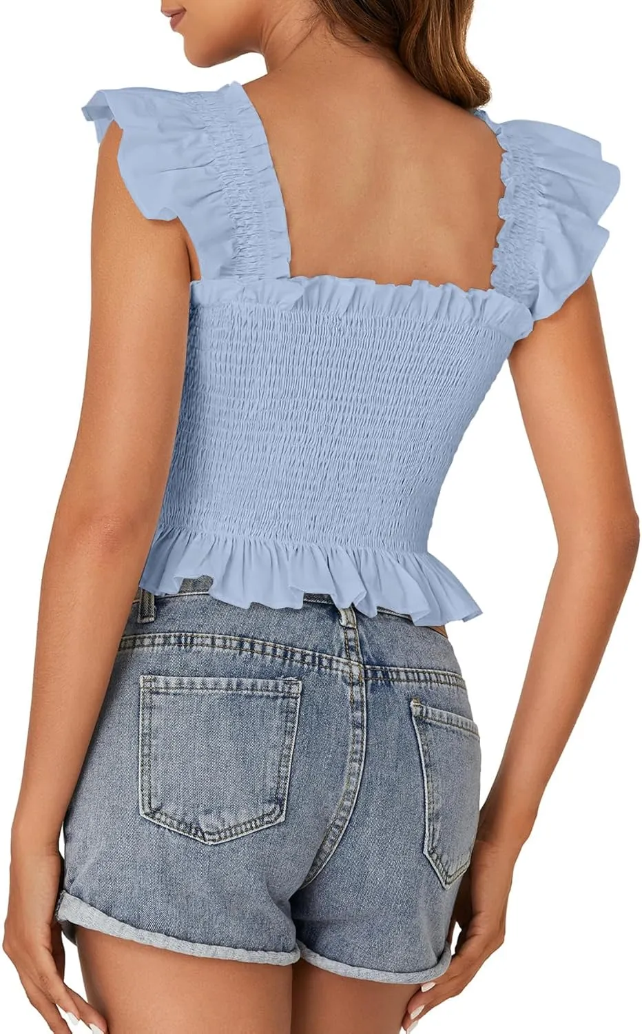 Rooscier Women's Square Neck Smocked Ruffle Cap Sleeve Cami Peplum Top