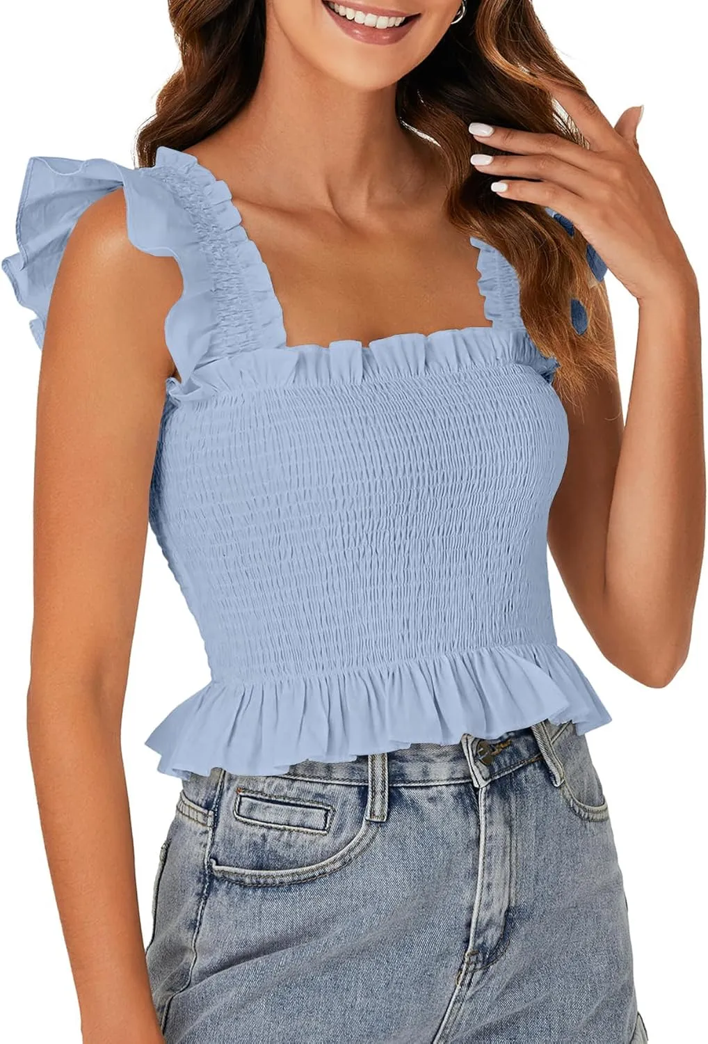 Rooscier Women's Square Neck Smocked Ruffle Cap Sleeve Cami Peplum Top