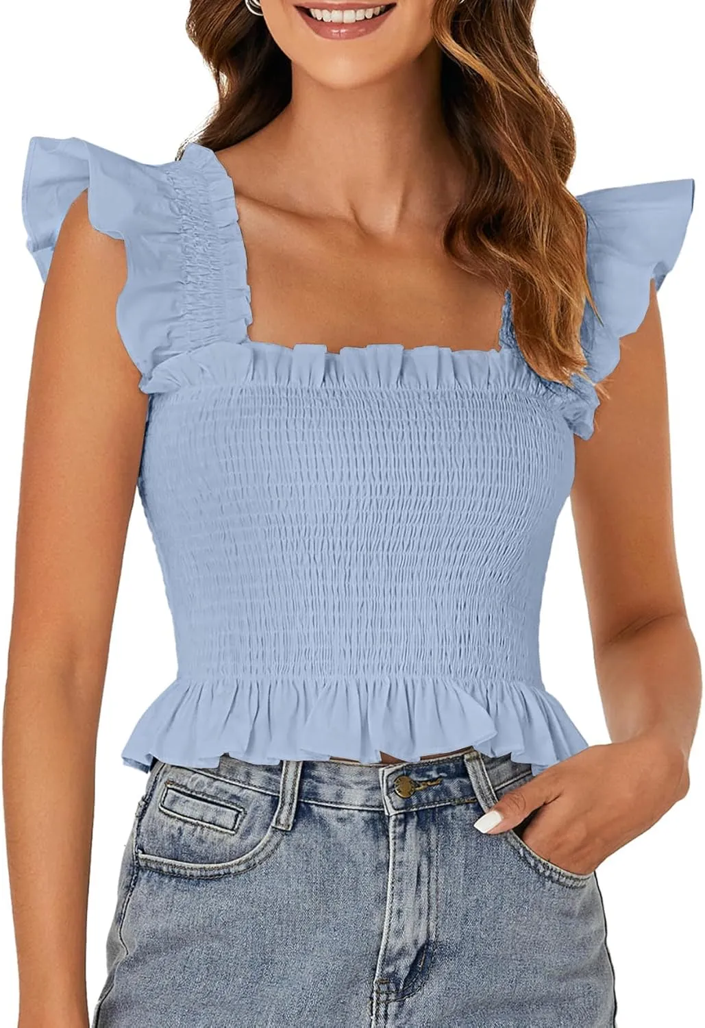 Rooscier Women's Square Neck Smocked Ruffle Cap Sleeve Cami Peplum Top