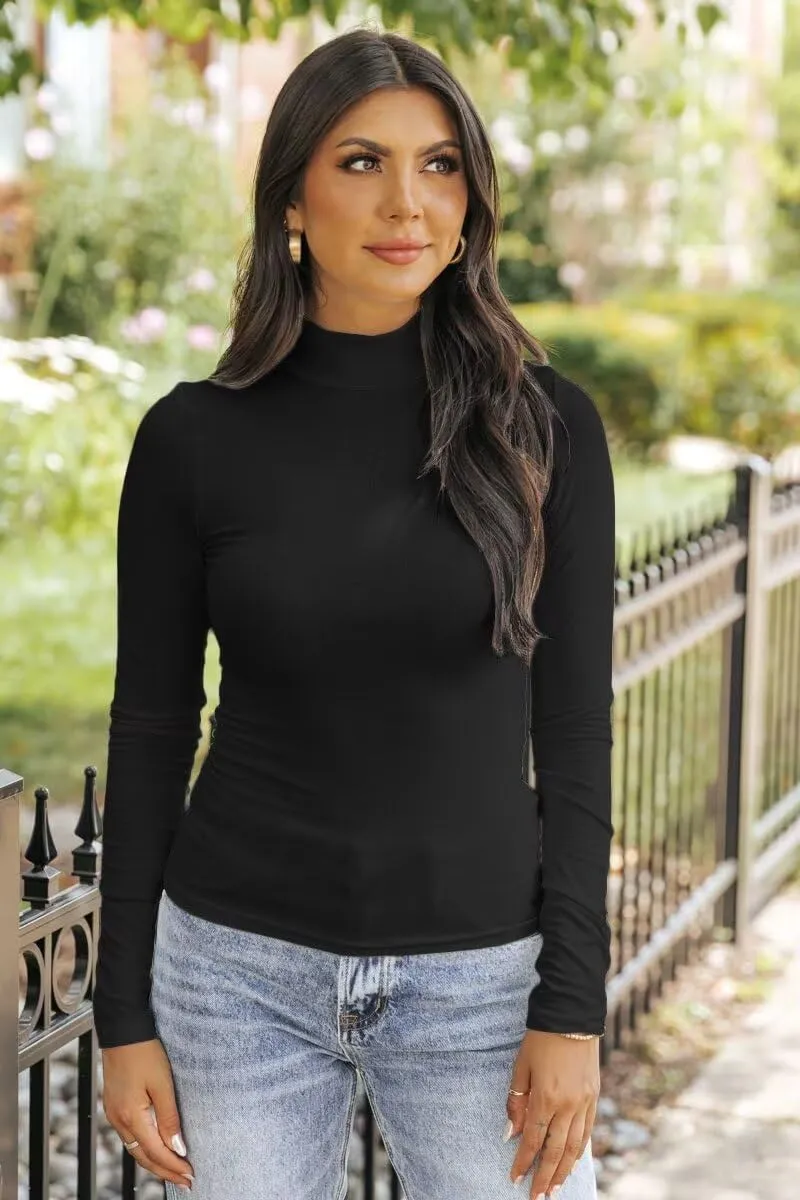 SANDERY Long Sleeve Shirts for Women Casual Mock Turtleneck Shirts Basic Ribbed Slim Fitted Cute Blouse