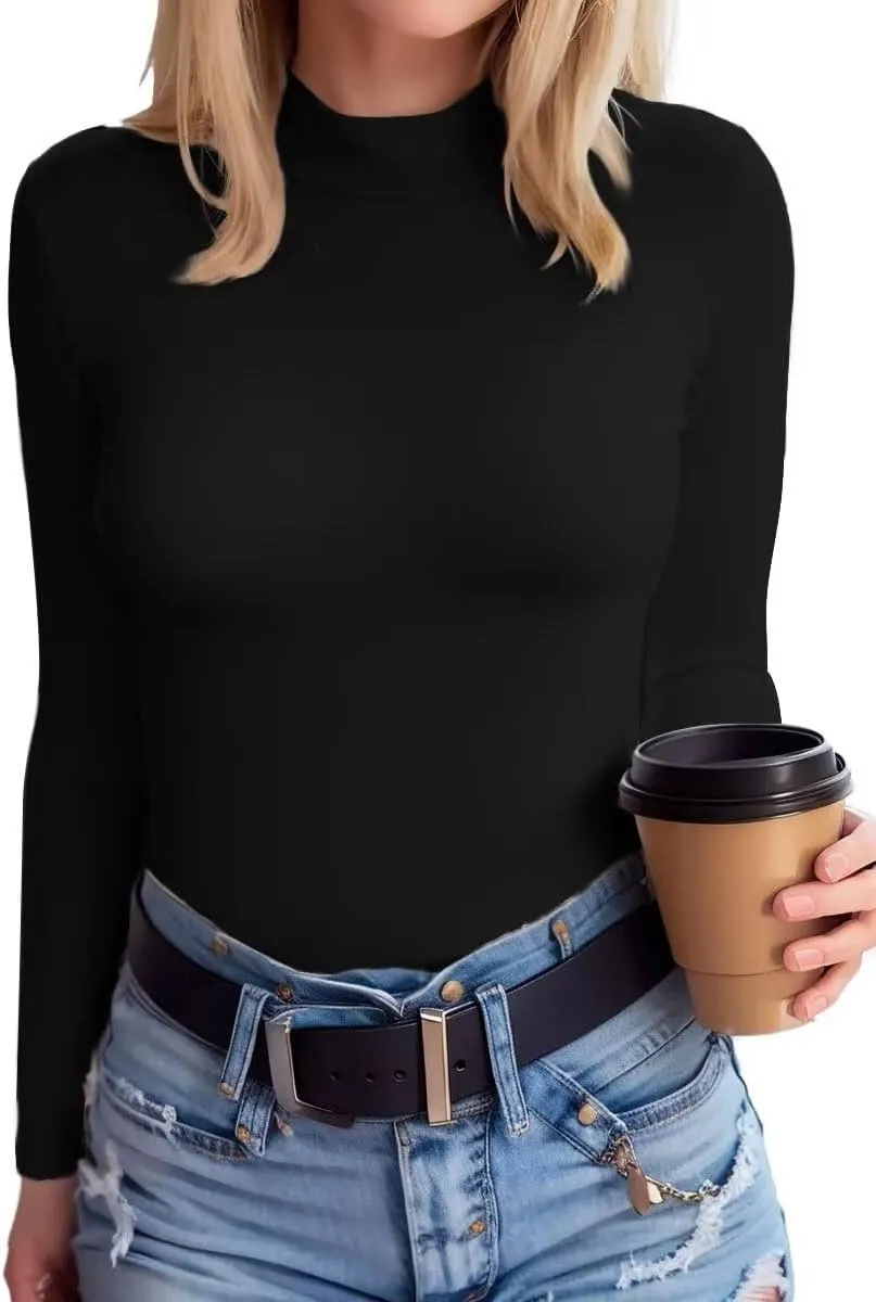 SANDERY Long Sleeve Shirts for Women Casual Mock Turtleneck Shirts Basic Ribbed Slim Fitted Cute Blouse