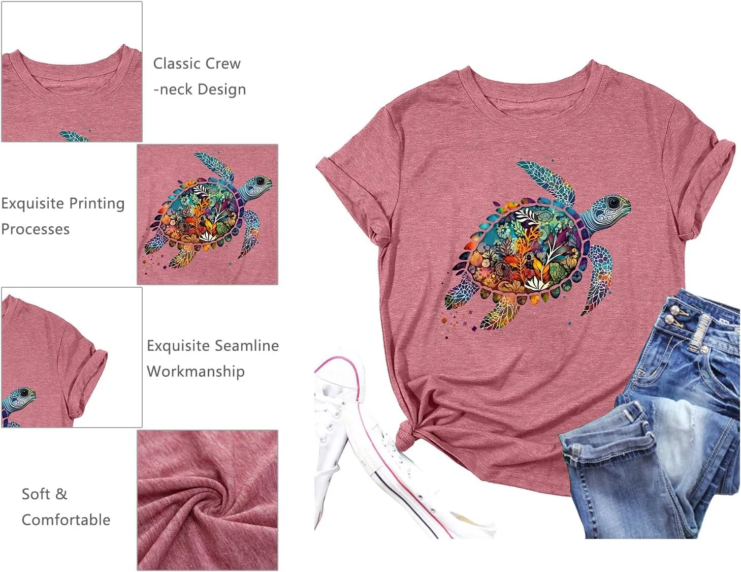 Sea Turtle Shirt for Women: Funny Animal Print Tee Ocean Life T Shirt Hawaiian Vacation Summer Tops