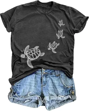 Sea Turtle Shirt for Women: Funny Animal Print Tee Ocean Life T Shirt Hawaiian Vacation Summer Tops