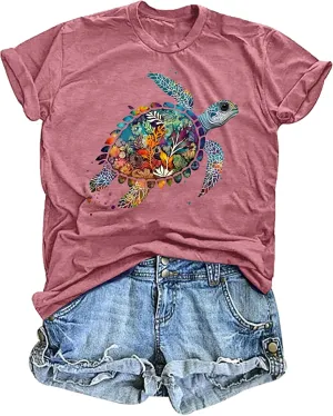 Sea Turtle Shirt for Women: Funny Animal Print Tee Ocean Life T Shirt Hawaiian Vacation Summer Tops