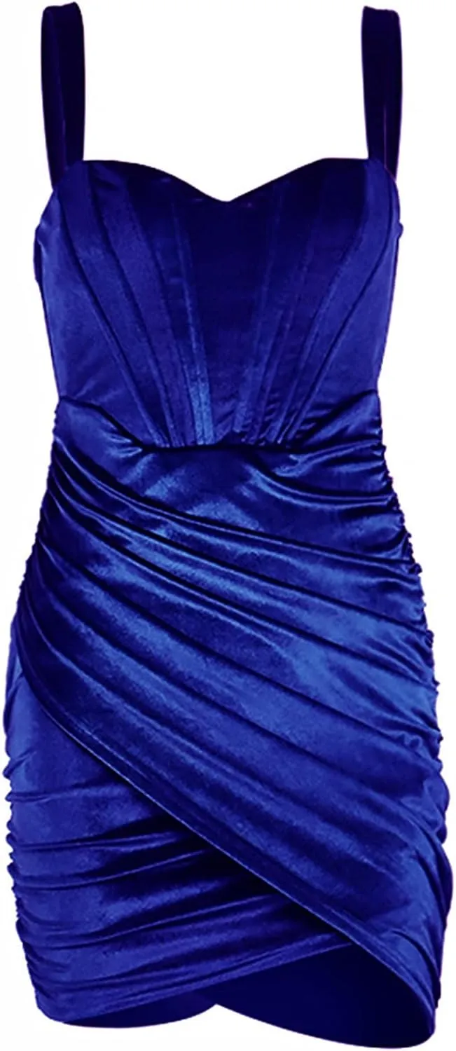 Sexyshine Women's Sexy Sleeveless Backless Strap Bodycon Dress Chic Velvet Ruched Pleated Elegant Mini Club Party Dress