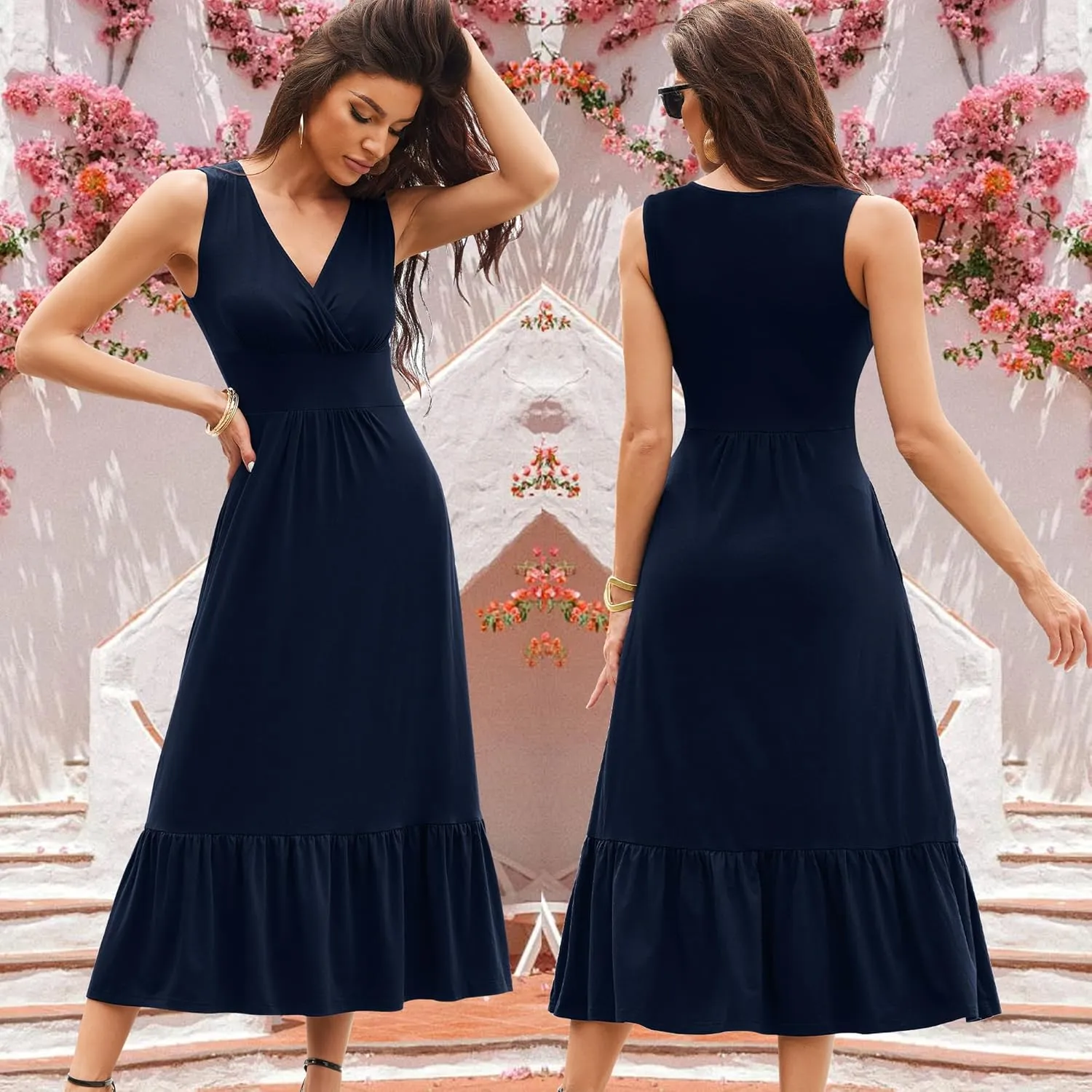 Summer Dresses for Women 2025 V Neck Sleeveless Empire Waist Maxi Dress Ruffle Hem A-Line Flowy Long Casual Dresses