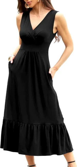 Summer Dresses for Women 2025 V Neck Sleeveless Empire Waist Maxi Dress Ruffle Hem A-Line Flowy Long Casual Dresses