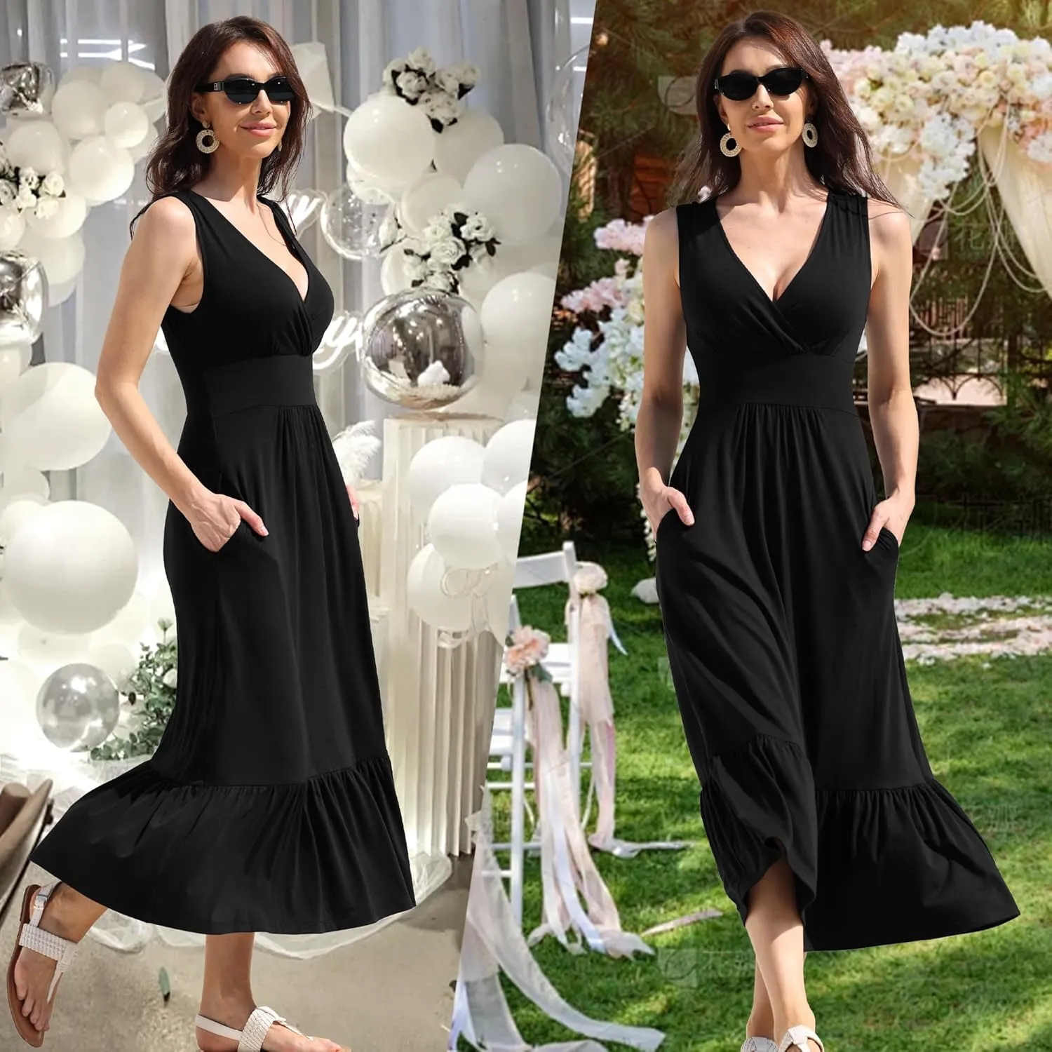 Summer Dresses for Women 2025 V Neck Sleeveless Empire Waist Maxi Dress Ruffle Hem A-Line Flowy Long Casual Dresses