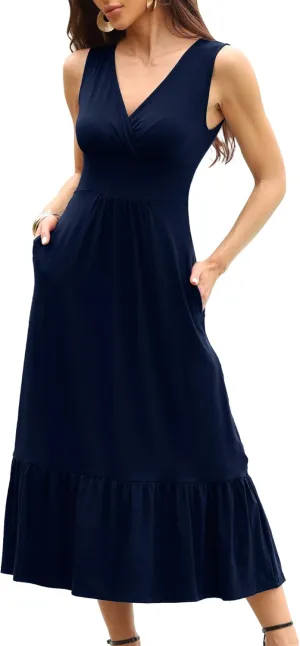 Summer Dresses for Women 2025 V Neck Sleeveless Empire Waist Maxi Dress Ruffle Hem A-Line Flowy Long Casual Dresses