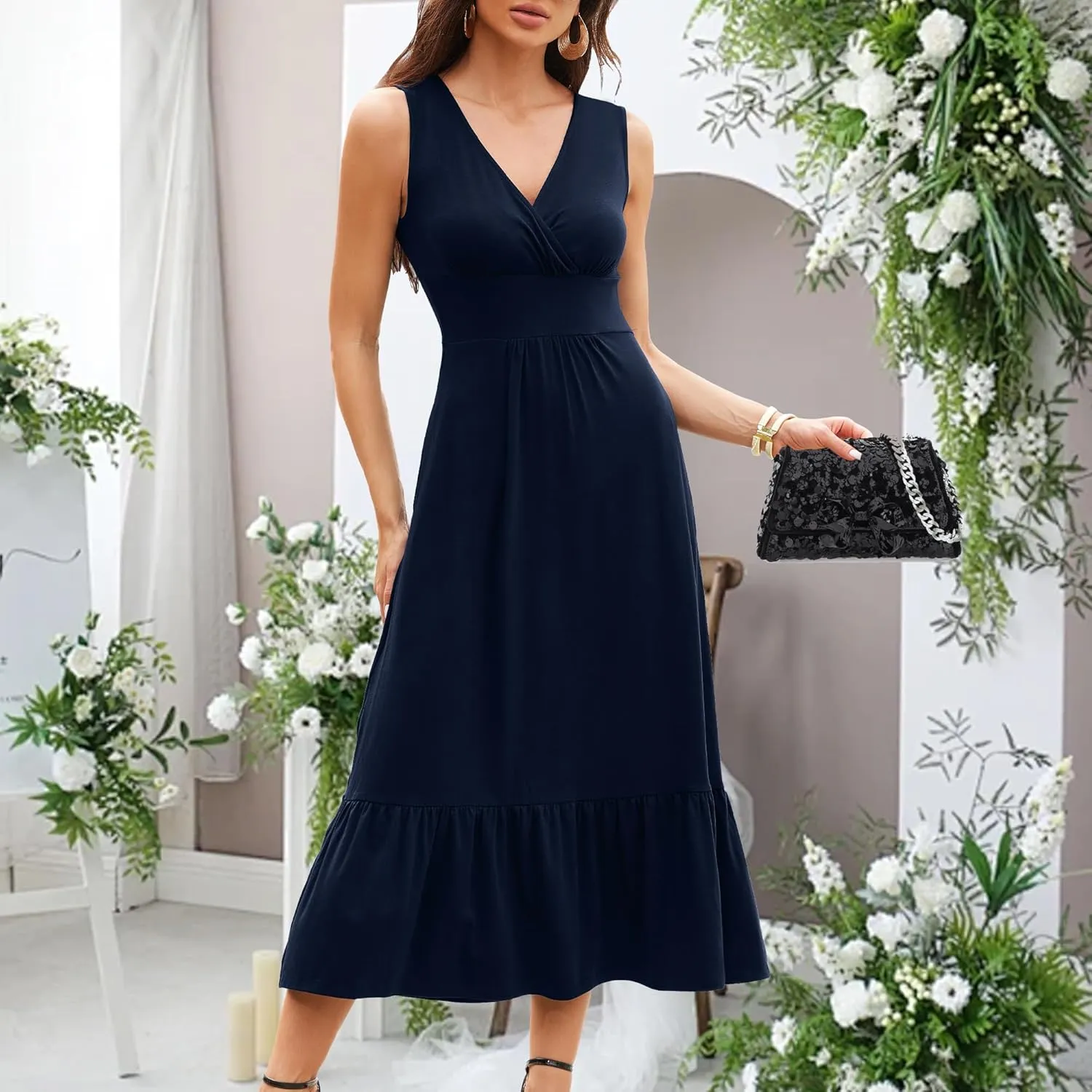 Summer Dresses for Women 2025 V Neck Sleeveless Empire Waist Maxi Dress Ruffle Hem A-Line Flowy Long Casual Dresses