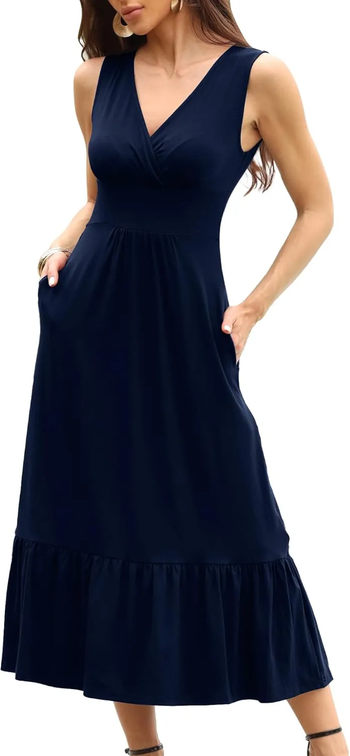 Summer Dresses for Women 2025 V Neck Sleeveless Empire Waist Maxi Dress Ruffle Hem A-Line Flowy Long Casual Dresses