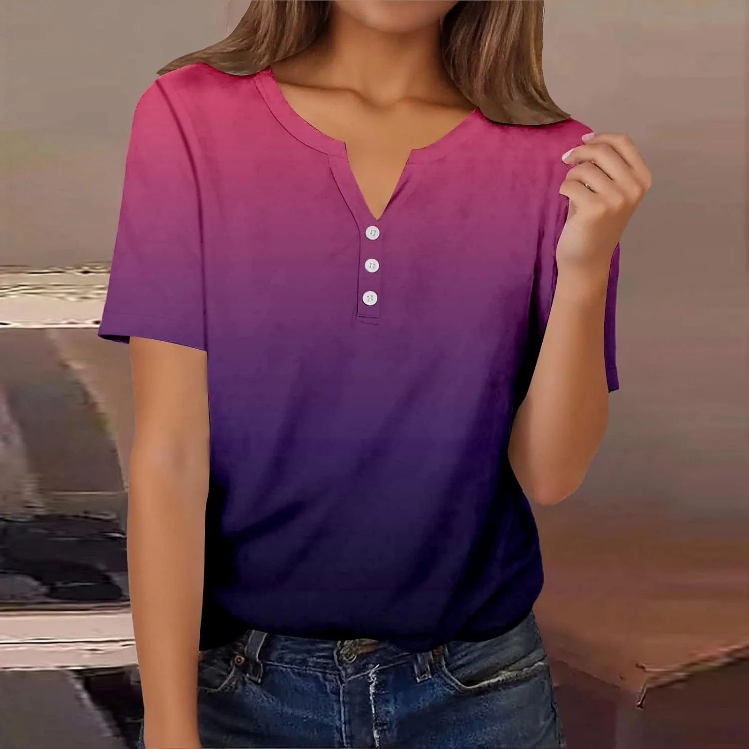 Summer Graphic Tees for Women Short Sleeve Fashion Tops Henley V Neck T Shirts Loose Fit Vacation Tshirt Casual Blouse