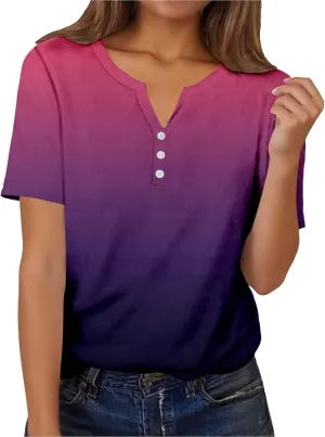 Summer Graphic Tees for Women Short Sleeve Fashion Tops Henley V Neck T Shirts Loose Fit Vacation Tshirt Casual Blouse