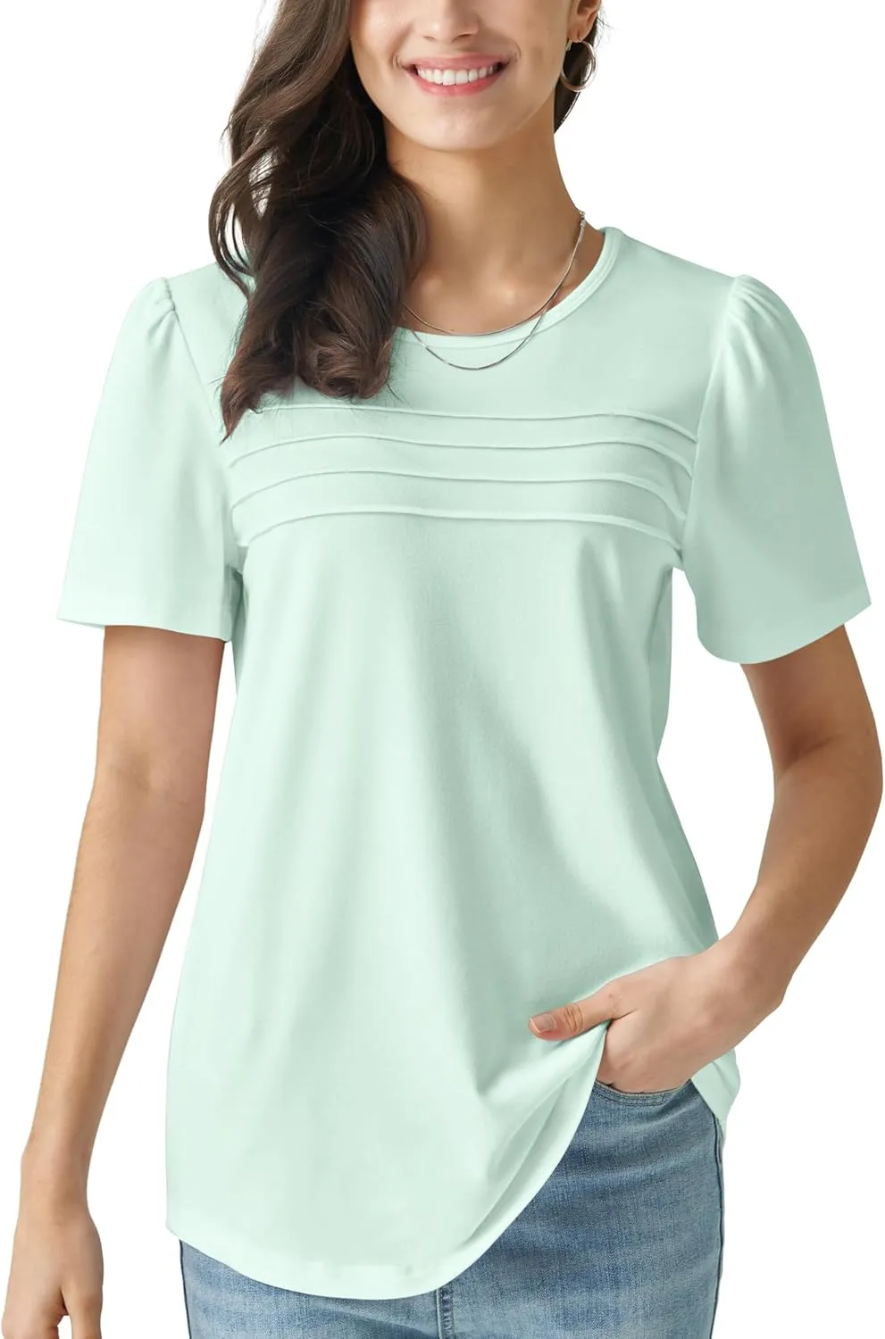 Summer Tops for Women 2025 Dressy Casual Short Puff Sleeve T Shirts Trendy Pleated Front Crew Neck
