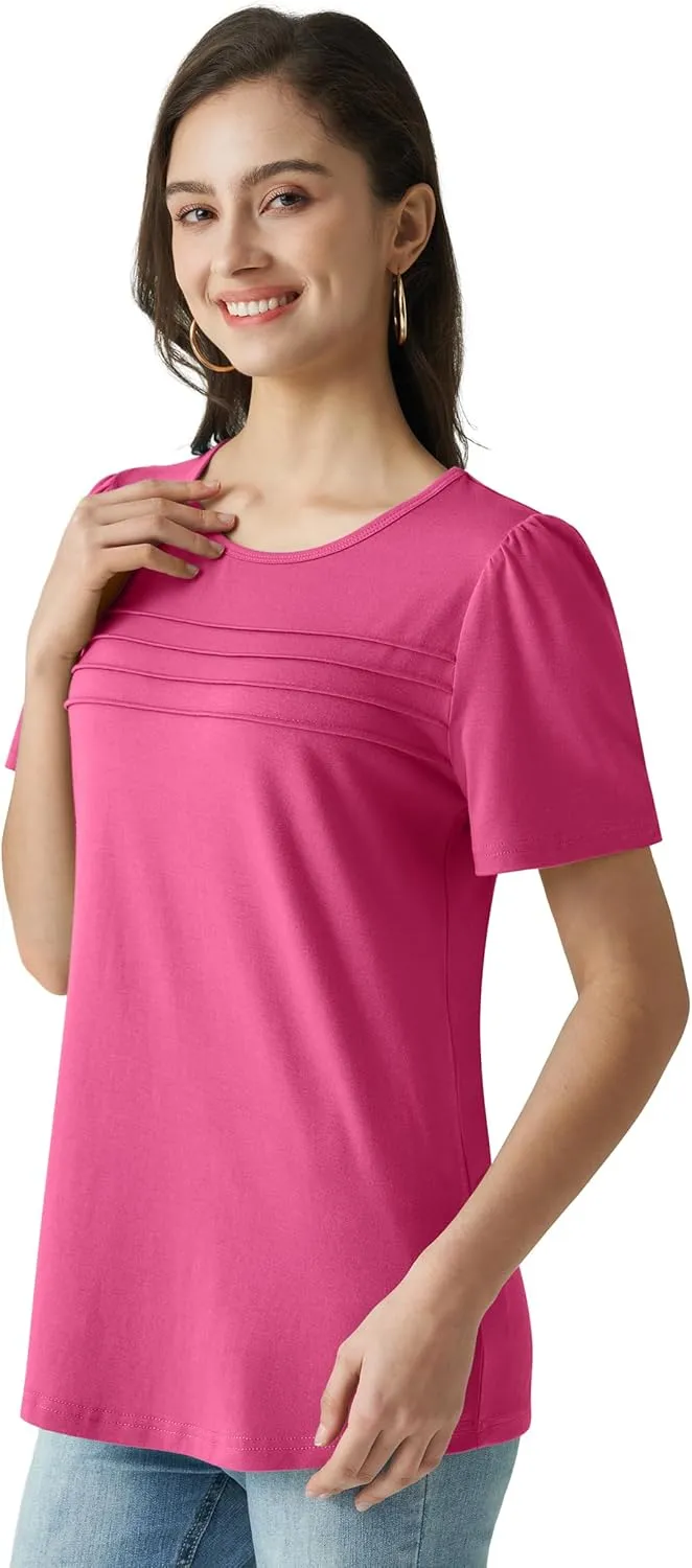 Summer Tops for Women 2025 Dressy Casual Short Puff Sleeve T Shirts Trendy Pleated Front Crew Neck