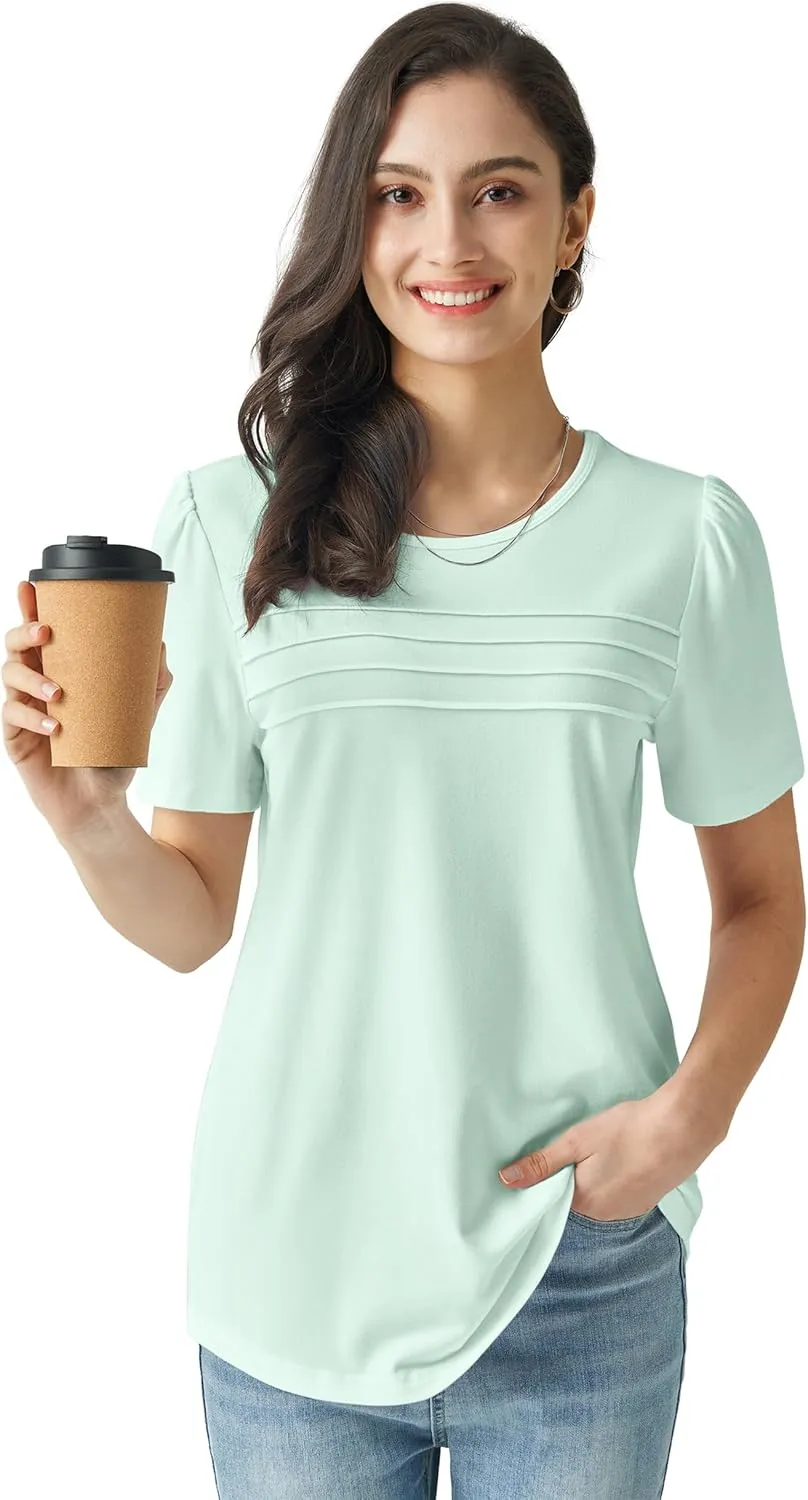 Summer Tops for Women 2025 Dressy Casual Short Puff Sleeve T Shirts Trendy Pleated Front Crew Neck